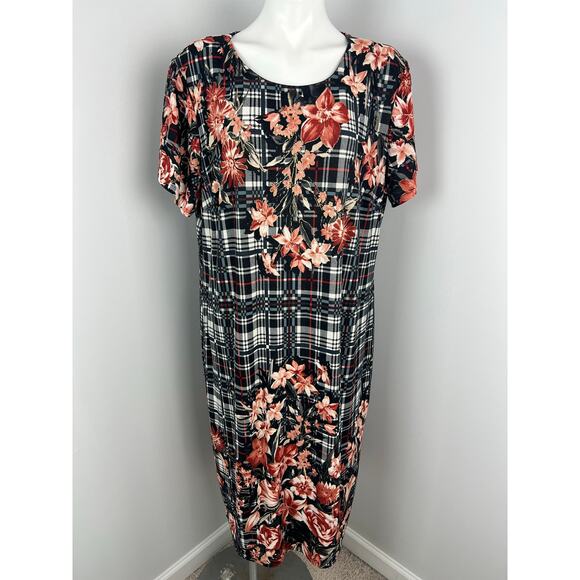 C Est.1946 Plaid Floral Metallic Plus Size Stretch Short Sleeve Dress 18/20 W - Picture 1 of 7